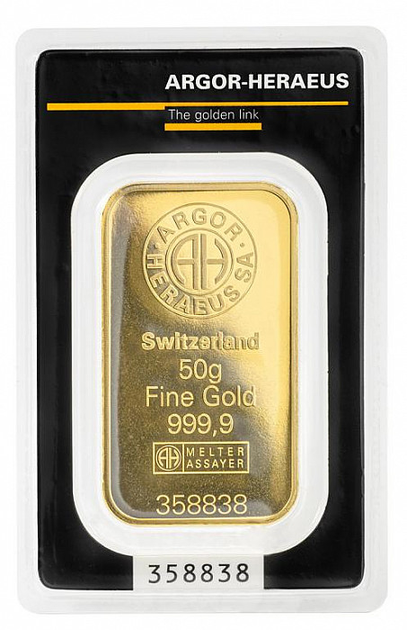 Levně 50 g zlatý slitek, Argor Heraeus SA