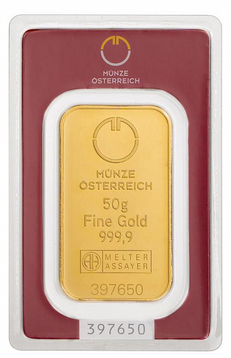 Levně 50 g zlatý slitek, Münze Österreich /vyrobeno v Argor Heraeus SA/