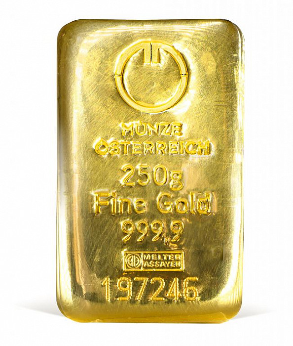 Levně 250 g zlatý slitek, Münze Österreich /vyrobeno v Argor Heraeus SA/ + luxusní etuje zdarma